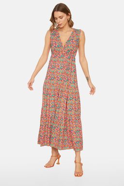 TRENDYOLMILLA Mor Cicek Desenli V Yaka Kolsuz A-Line Maxi Orme Elbise TWOSS22EL1588