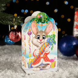 Цена за 5 шт. Подарочная новогодняя коробка "Заяц - Кот", белый, 26×14×7 см