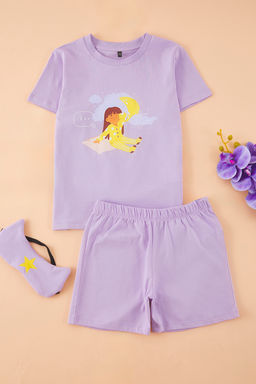 Ekru 3lu K?z Cocuk %100 Pamuk Bask?l? Uyku Bantl? K?sa Kol Orme Pijama Tak?m? TKDSS25PT00036