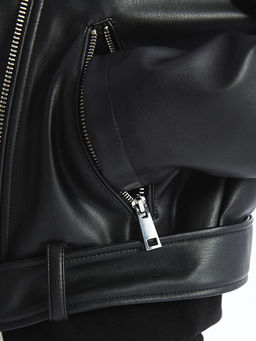 Biker Yaka Kad?n Deri G?r?n?ml? Ceket