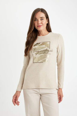 Женская футболка свободного кроя с круглым вырезом и ярким принтом с длинными рукавами - Defacto фото 3