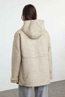 Ekru Oversize Cift Tarafl? Kapusonlu Suet-Pelus Mont TWOAW25MO00009 - Trendyolmilla фото 6