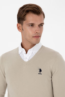 Erkek Slim Fit V Yaka A__k Haki Basic Kazak