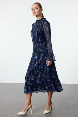 Mavi Cicek Desenli A Kesim Dik Yaka Midi Astarl? Sifon Dokuma K?sl?k Elbise TWOAW25EL00173