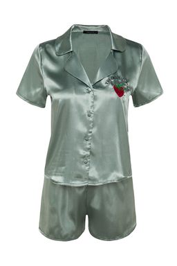 Trendyolmilla Siyah Cilek ve Slogan Nak?sl? Saten Sortlu Dokuma Pijama Tak?m? THMSS22PT0395 фото 26