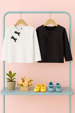Siyah-Ekru 2li K?z Cocuk 100% Pamuk Duz Bisiklet Yaka Regular Orme T-Shirt TKDAW26TS00013 - Trendyolmilla фото 2