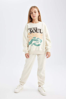 Толстовка оверсайз широкого кроя с круглым вырезом и принтом для девочек цвета экрю - Defacto фото 2