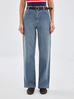 Beli Kemerli Wideleg Kad?n Jean Pantolon