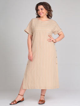 Платье длинное бежевое в белую полоску для полных - Almond фото 2