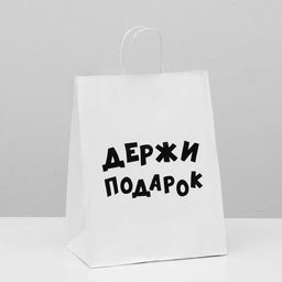 Пакет подарочный с приколами, крафт Держи подарок, белый, 24 х 10,5 х 32 см