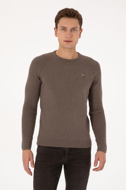 Erkek Regular Fit Bisiklet Yaka Vizon Kazak