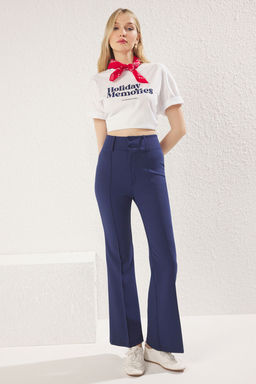 Lacivert Nervur Detayl? Yuksek Bel Flare/Ispanyol Paca Pantolon TWOAW25PL00071