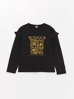 Bisiklet Yaka Bask?l? Uzun Kollu K?z ?ocuk Ti??rt