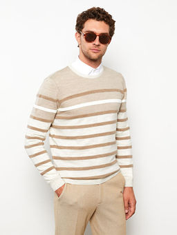 Bisiklet Yaka Uzun Kollu ?izgili Erkek Triko Kazak