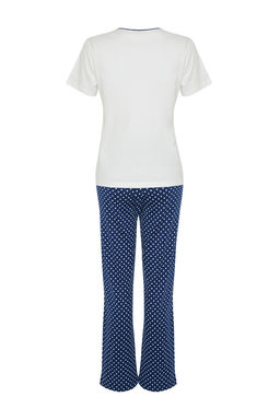 Trendyolmilla Beyaz-Cok Renkli Pamuklu Puantiyeli Orme Pijama Tak?m? THMSS24PT00323