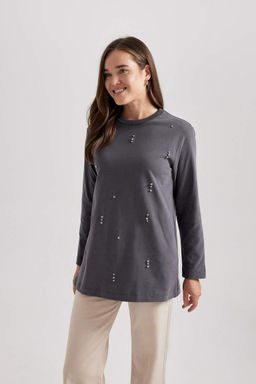 Футболка-туника с длинными рукавами из чесаного хлопка с круглым вырезом и вышивкой обычного кроя - Defacto фото 5