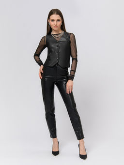 Жилет черного цвета из искусственной кожи на пуговицах - 1001dress фото 3