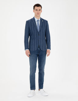 Lacivert Slim Fit _izgili Y_n Blazer Ceket
