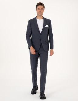 Koyu Mavi Slim Fit Y_n Kar___ml_ Tak_m Elbise