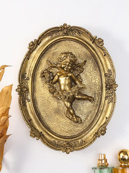 Панно интерьерное полистоун "Ангел с венком из роз" золото 21,5х4х27 см