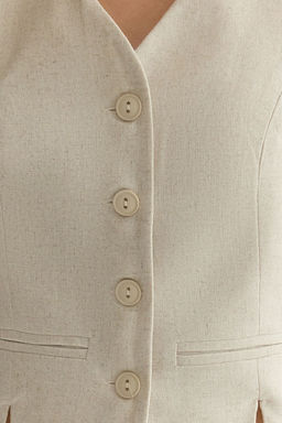 TRENDYOLMILLA Ac?k Haki Fitted Keten Gorunumlu V Yaka Crop Dokuma Yelek TWOSS25YE00028  фото 3