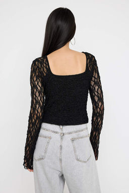 Teen Siyah Dugmeli Fitted/Vucuda Oturan Dantel Orme Bluz TWOAW26BZ00016
