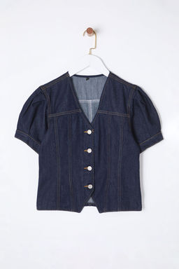 Trendyolmilla Koyu Mavi K?sa Balon Kollu V Yaka Denim Bluz TWOSS25BZ00000 фото 6