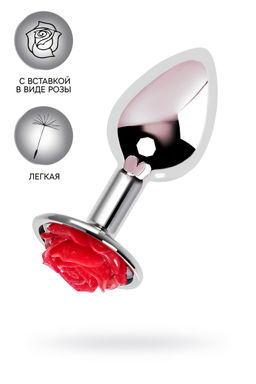 Анальная втулка Metal by TOYFA, металл, серебристая с красной розочкой, 8 см, 2,7 см, 48 г