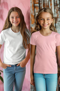 Beyaz-Pembe 2li K?z Cocuk Pamuklu Basic Regular Kal?p K?sa Kol Orme T-Shirt TKDSS24TS00021