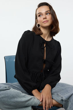 Siyah Baglama Detayl? Regular/Normal Kal?p Esnek Orme Bluz TWOAW25BZ00230