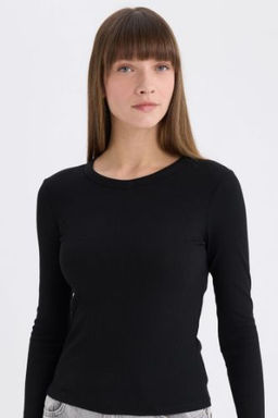Slim Fit Dar Kesim Bisiklet Yaka Basic Duz Fitilli Kaskorse Uzun Kollu Tisort