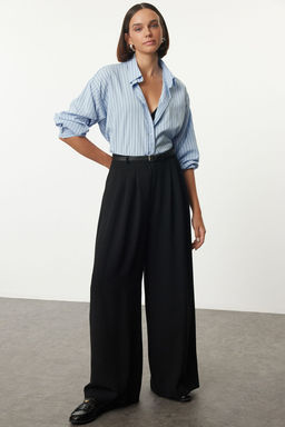 Siyah Kemerli Pilili Wide Leg/Extra Genis Paca Dokuma Pantolon TWOAW25PL00032 Palazzo