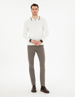 Ekru Slim Fit Fermuarl_ Polo Yaka Kazak