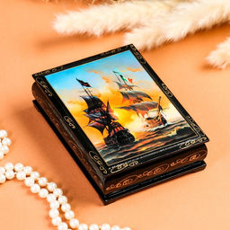 Шкатулка Корабли , 10х14 см , лаковая миниатюра