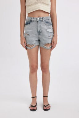 Mom Fit Yuksek Bel Kesik Uclu Paca Jean Sort