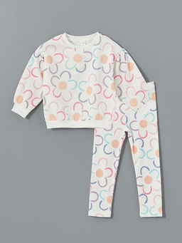 Bisiklet Yaka ?i?ekli K?z ?ocuk Sweatshirt ve Tayt 2li