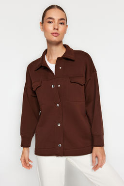 Kahverengi Oversize/Genis Kal?p Cepli ve Dugmeli Polo Yaka Ici Polarl? Orme Ceket TWOAW24CE00000 - Trendyolmilla фото 2
