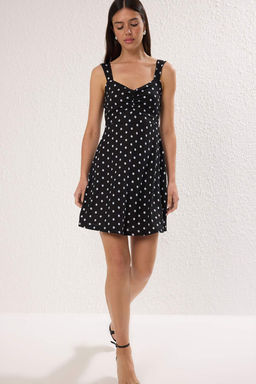 Bordo Ask?l? Puantiye Bask?l? Etegi F?rf?rl? Fitilli Esnek Mini Orme Elbise TWOSS25EL00379 - Trendyolmilla фото 6