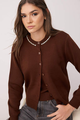 Kahverengi Mucevherli Yumusak Dokulu Ikili Triko H?rka-Bluz TWOAW26HI00007