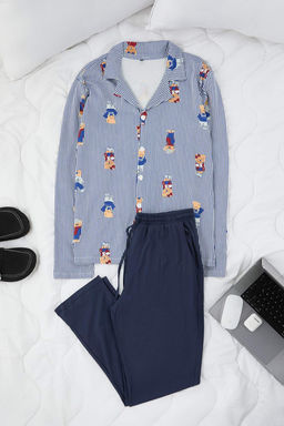 Lacivert Ay?c?k Desen Couple/Cift Regular Gomlek-Pantolon Pijama Tak?m? TMNAW26PT00031