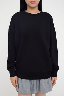 Siyah Oversize/Bol Kesim Bisiklet Yaka Kal?n Sardonsuz Orme Sweatshirt TWOAW26SW00029