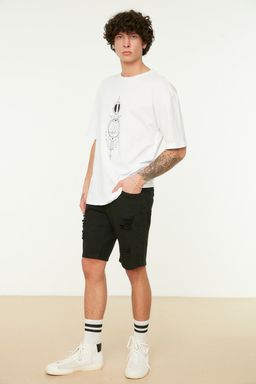 Siyah Oversize/Genis Kesim Geometrik Bask?l? %100 K?sa Kol T-Shirt TMNSS22TS0155