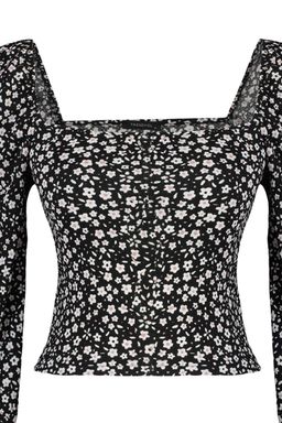 Trendyolmilla Siyah Cicek Desenli Fitted/Vucuda Oturan Kare Yaka Burumcuk/Dokulu Orme Bluz TWOAW22BZ0254 фото 7