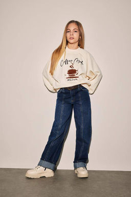 Широкие джинсовые брюки с отворотами для девочек - Defacto фото 3