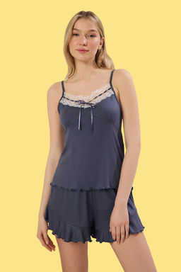 Trendyolmilla Antrasit Kurdele/Fiyonk ve Dantel Detayl? Sortlu Orme Pijama Tak?m? THMSS25PT00117