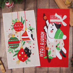 Цена за 2 шт. Набор новогодних полотенец «Доляна. Новогодние игрушки», 28×46 см - 2 штуки, 100% хлопок, рогожка 164 г/м²