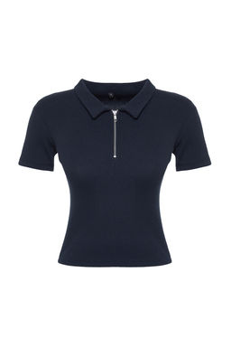 Lacivert Fermuar Detayl? Fitted/Vucuda Oturan Polo Yaka Fitilli Esnek Orme Bluz TWOSS23BZ00496 - Trendyolmilla фото 7