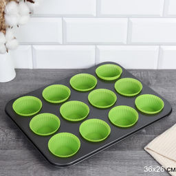Набор для выпечки кексов и капкейков 12 ячеек 36х26 + Форма силиконовая для кексов 12 штук / RSD-50/GF-743 Зеленый