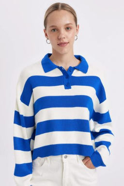 Regular Fit Polo Yaka Dugmeli Cizgili Triko Kazak