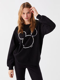 Bisiklet Yaka Mickey Mouse Bask?l? Uzun Kollu Kad?n Sweatshirt
